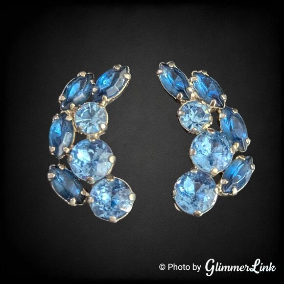 Vintage Mid Century Blue Rhinestone Crescent Climber Silver Tone Clip Earrings - Picture 1 of 8